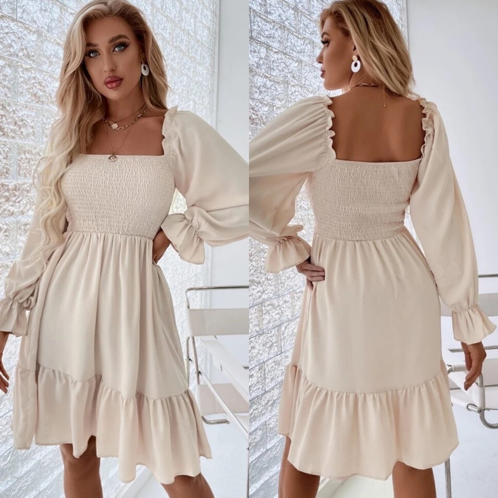 Boho square neck long puff sleeve shirred dress